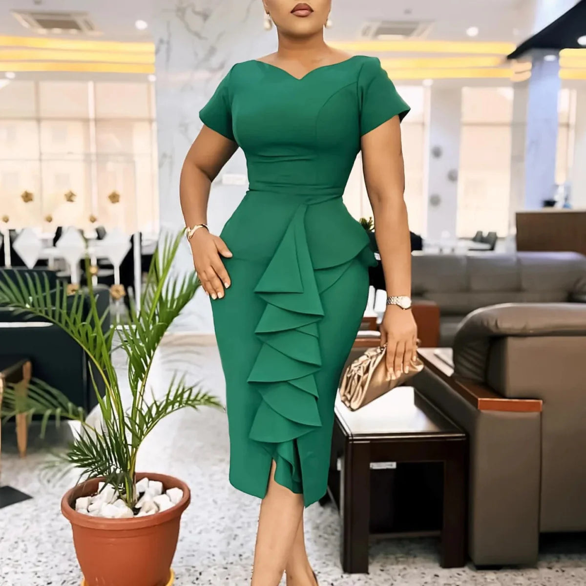 Showlu Fashion Women's V-Neck Short Sleeve Pencil Dress in solid color, featuring a high waist and ruffled skirt for summer style.