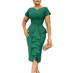 Women's 2024 new fashion short sleeve solid color skirt hip ruffled high - waisted dress - SHOWLU FASHION STORE