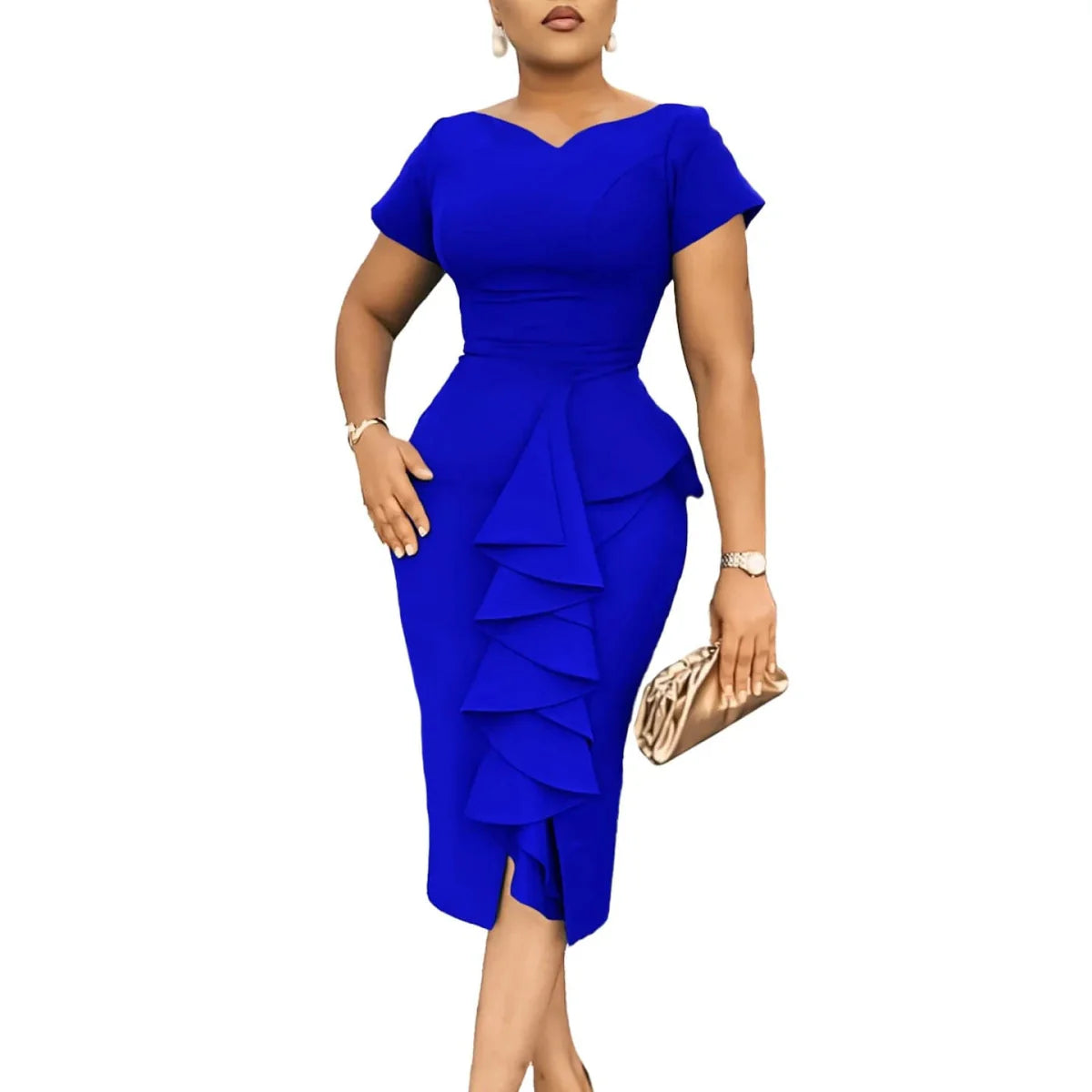 SHOWLU FASHION WOMEN'S V-Neck Short Sleeve Pencil Dress in solid color, high-waisted summer style with ruffled skirt detail.