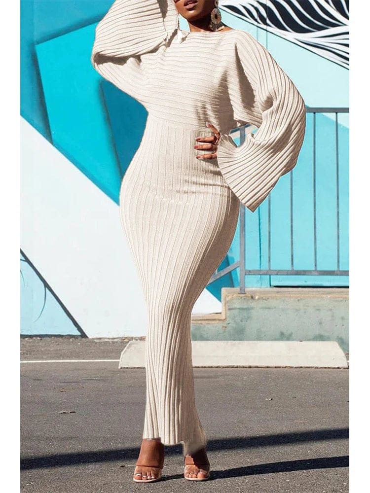 QINGSHUJI women's batwing sleeve knitted rib bodycon midi dress with round neck, elegant and casual for autumn fashion.