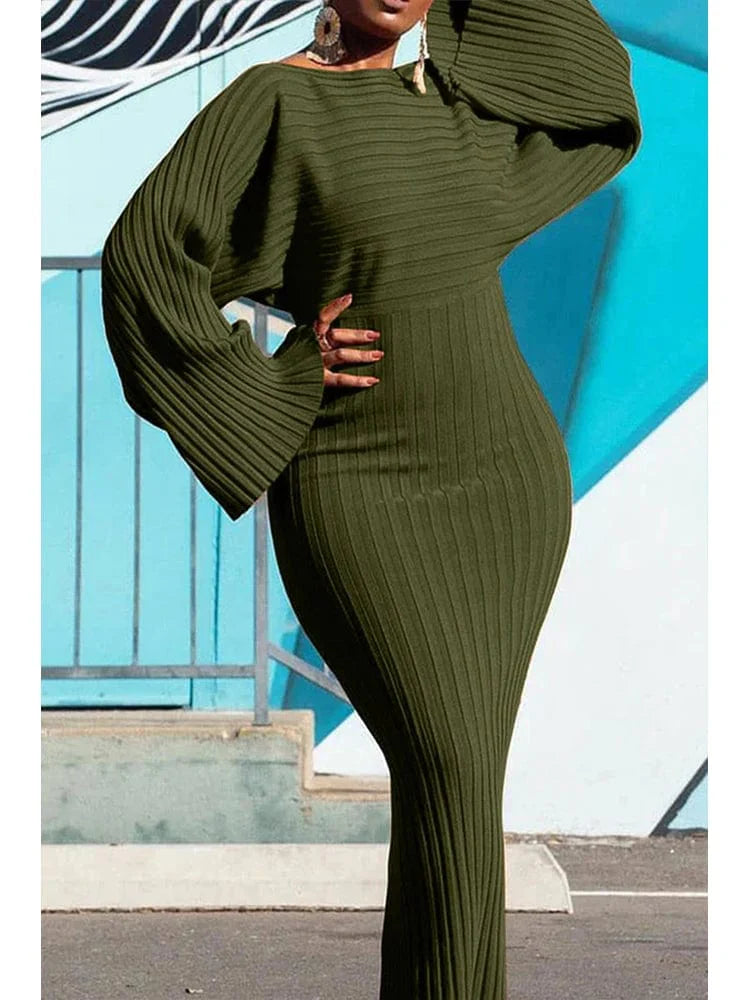 Women's QINGSHUJI Batwing Sleeve Knitted Rib Bodycon Midi Dress with round neck, long sleeves, and elegant casual style.