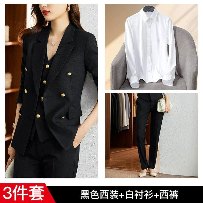 Women's striped slim fit double-breasted interview suit coat by SHOWLU FASHION, featuring tailored design and classic style.