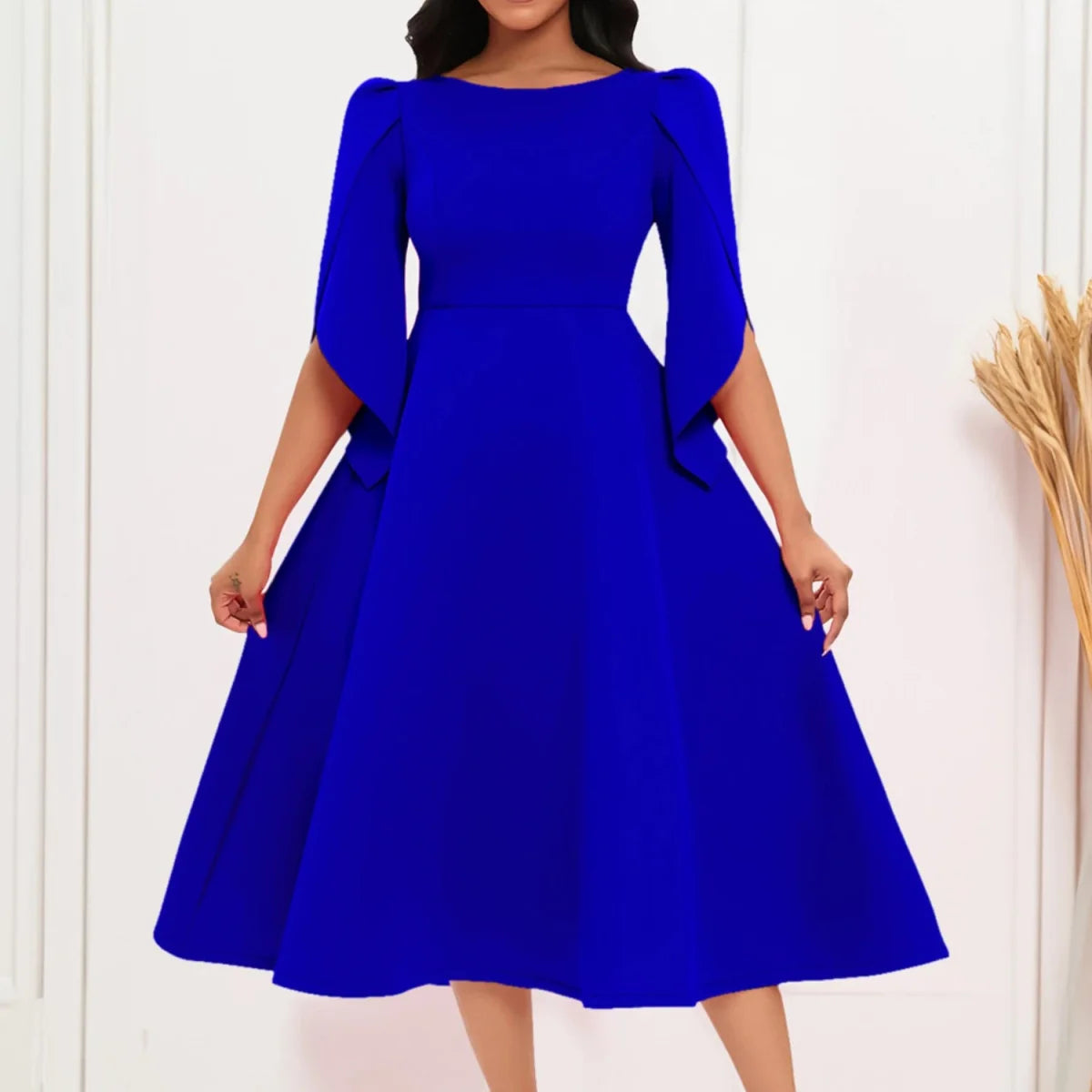 Elegant women's A-line summer party dress by SHOWLU FASHION STORE, solid color, round neck, slim fit, medium length evening gown