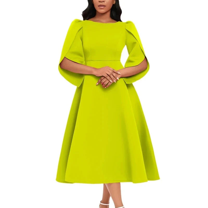 Elegant women's A-line party dress by SHOWLU FASHION, solid color, round neck, slim fit, medium length summer gown for women