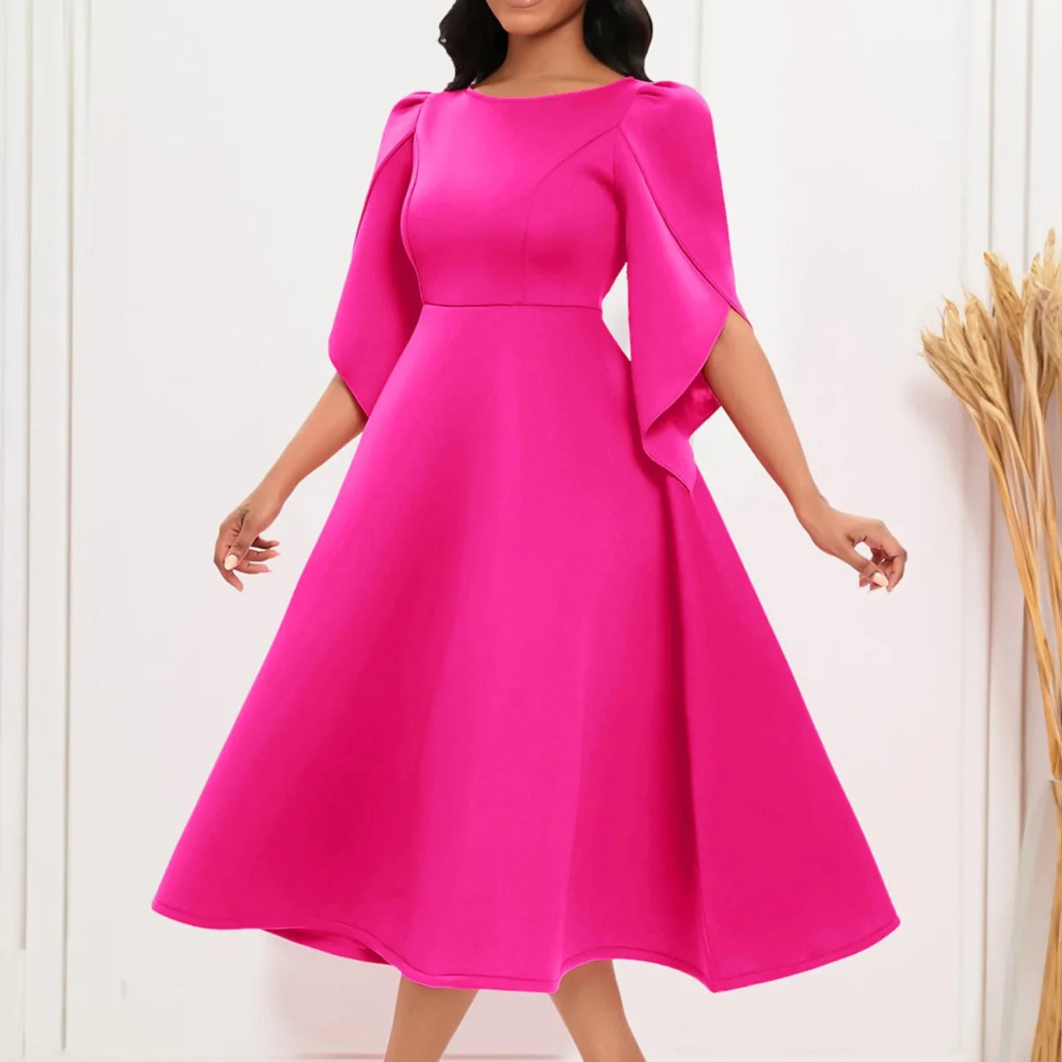 Elegant women's A-line summer dress by SHOWLU FASHION STORE featuring a solid color, round neckline, and slim fit for parties.