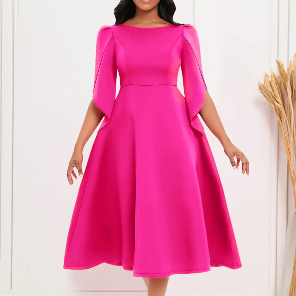 Elegant women's A-line party dress by SHOWLU FASHION STORE, solid color, round neck, slim fit, medium length summer gown.