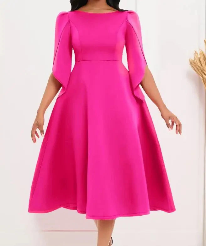 Elegant women's A-line summer party dress by SHOWLU FASHION, solid color, round neck, slim fit, medium length evening gown.