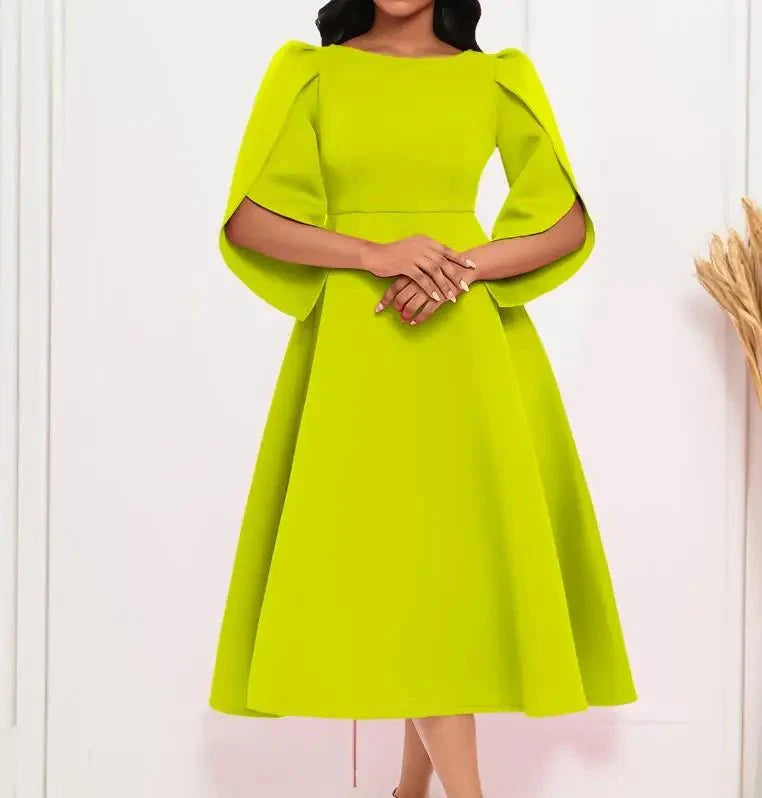 Elegant women's A-line summer party dress by SHOWLU FASHION, solid color, round neck, knee-length, slim fit, perfect for evening events.