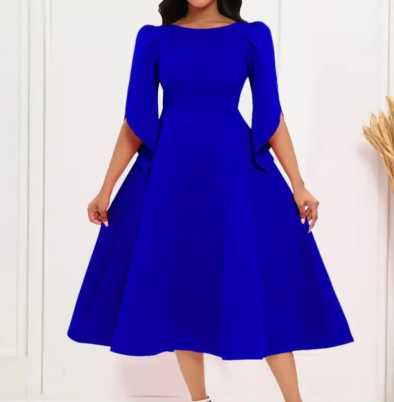 Elegant women's A-line summer dress by SHOWLU FASHION STORE, solid color, round neck, slim fit, medium length evening gown.