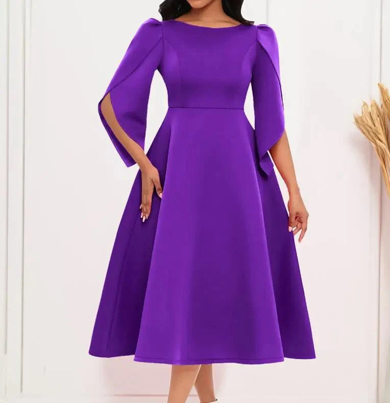 Elegant women's A-line party dress by SHOWLU FASHION STORE, solid color summer gown with round neck and slim fit.