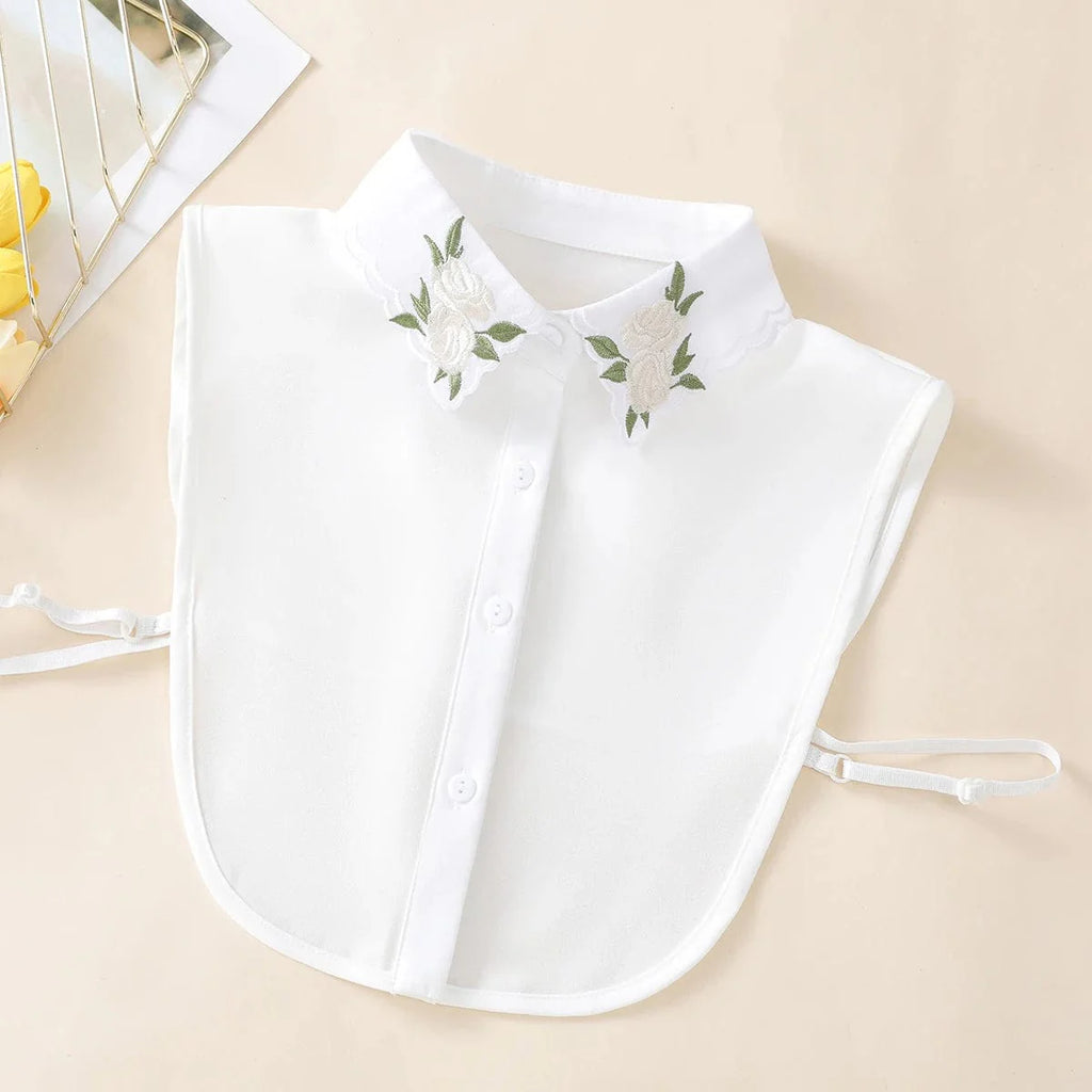 Apricot embroidered rose chiffon fake collar for women, designed to attach to sweaters and shirts for a versatile, decorative look