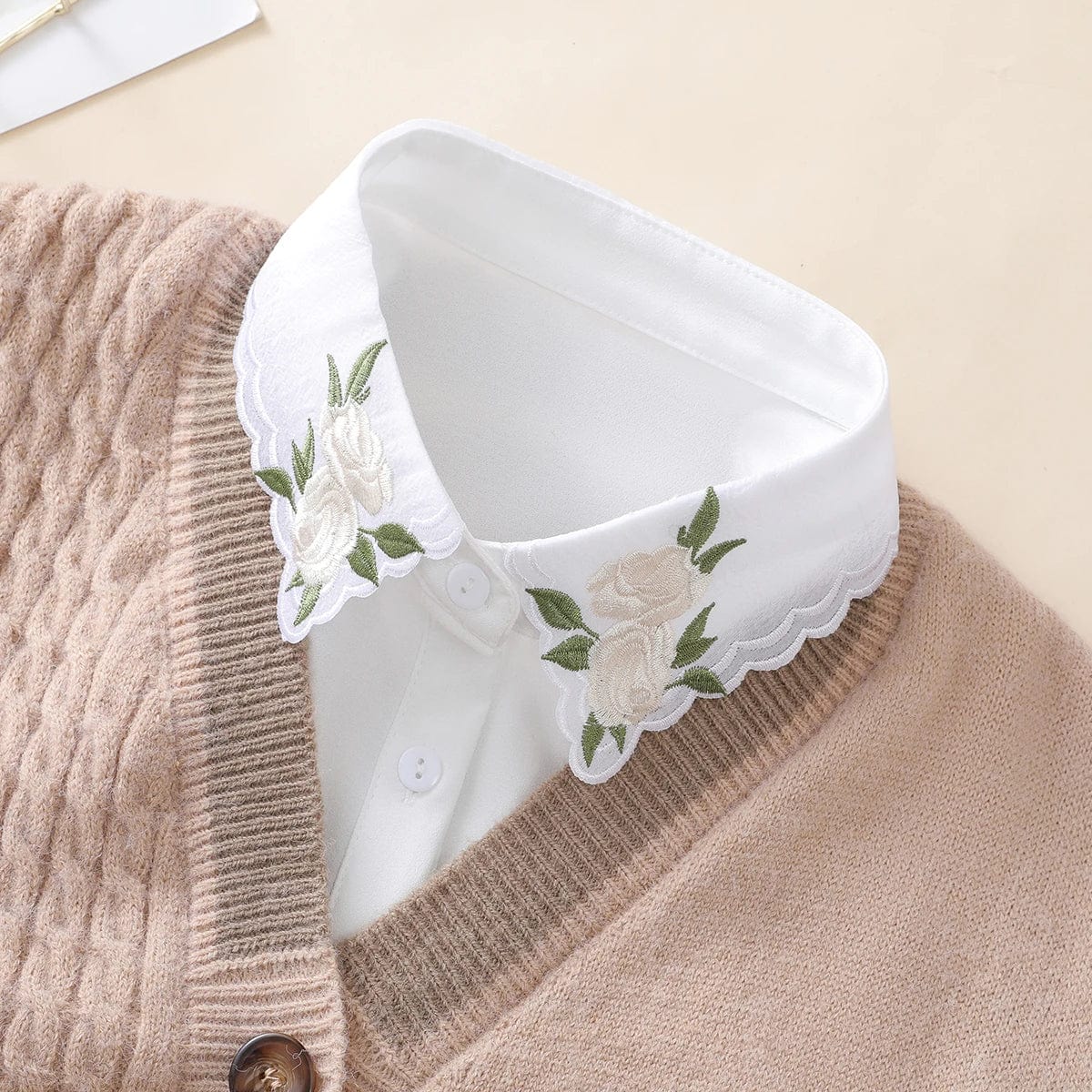 Showlu Women's apricot embroidered rose chiffon detachable fake collar worn over a sweater or shirt for versatile style.