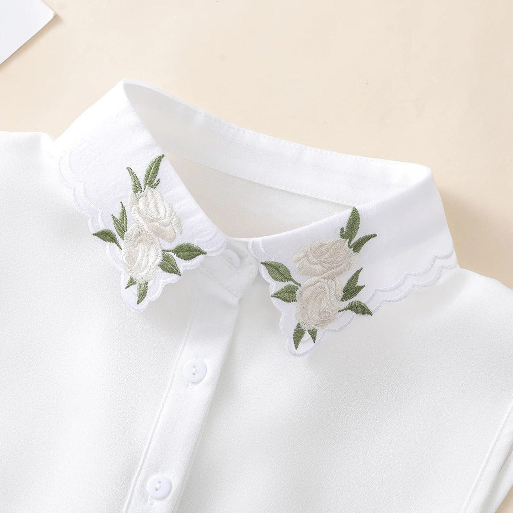 Showlu Women's embroidered apricot rose chiffon detachable fake collar worn over a sweater for elegant, versatile style.