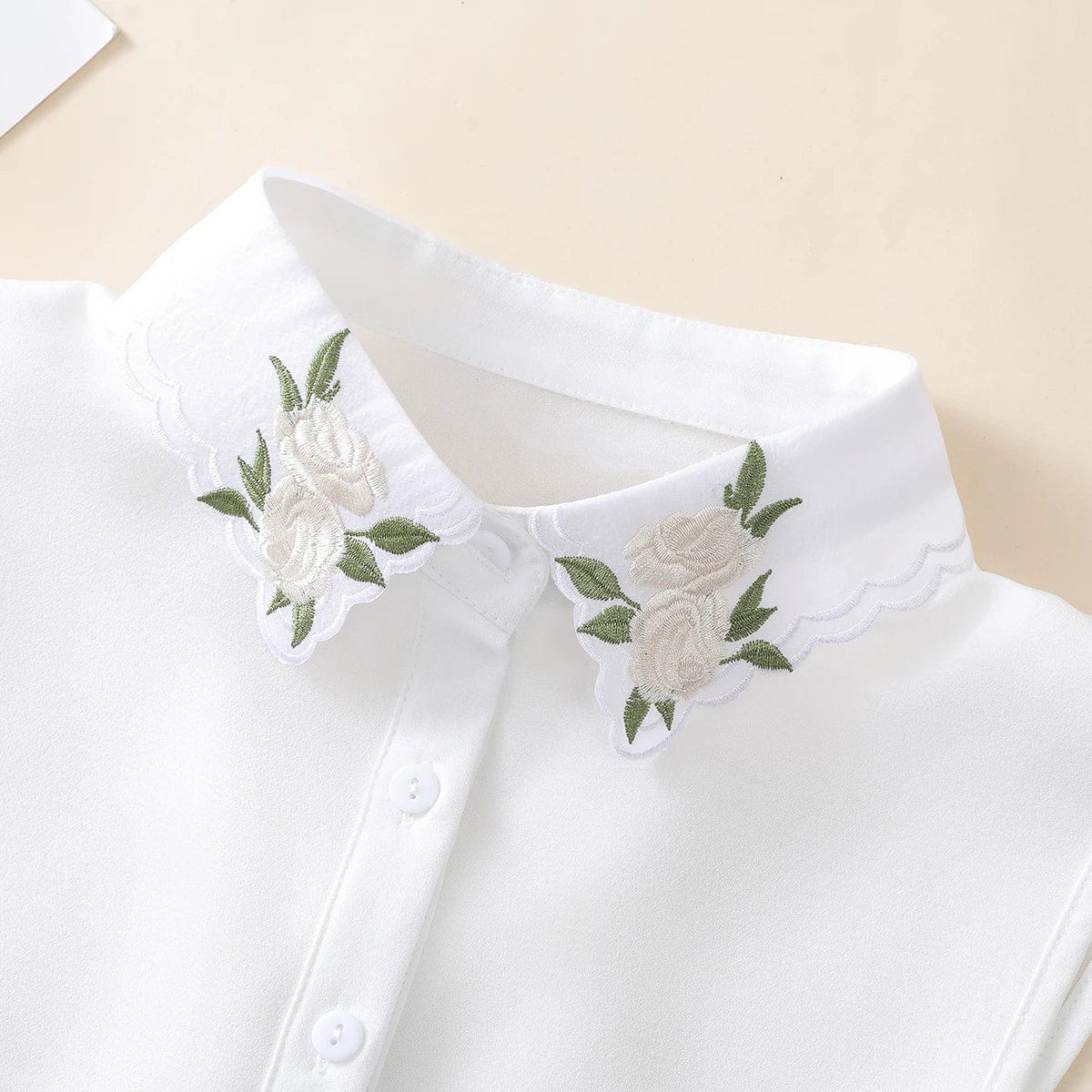 Showlu Women's embroidered apricot rose chiffon detachable fake collar worn over a sweater for elegant, versatile style.