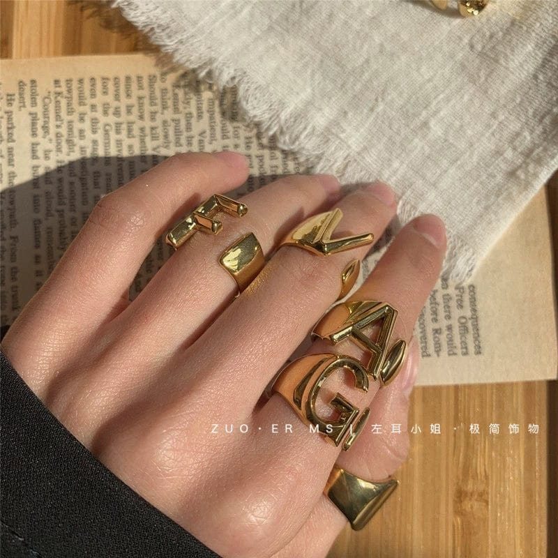 Gold-plated open adjustable women's ring with letter pattern, stylish jewelry by Showlu Fashion Store