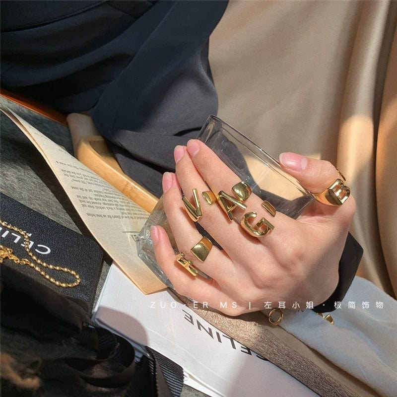 Gold-plated open adjustable women's ring with letter pattern, stylish jewelry by Showlu Fashion Store