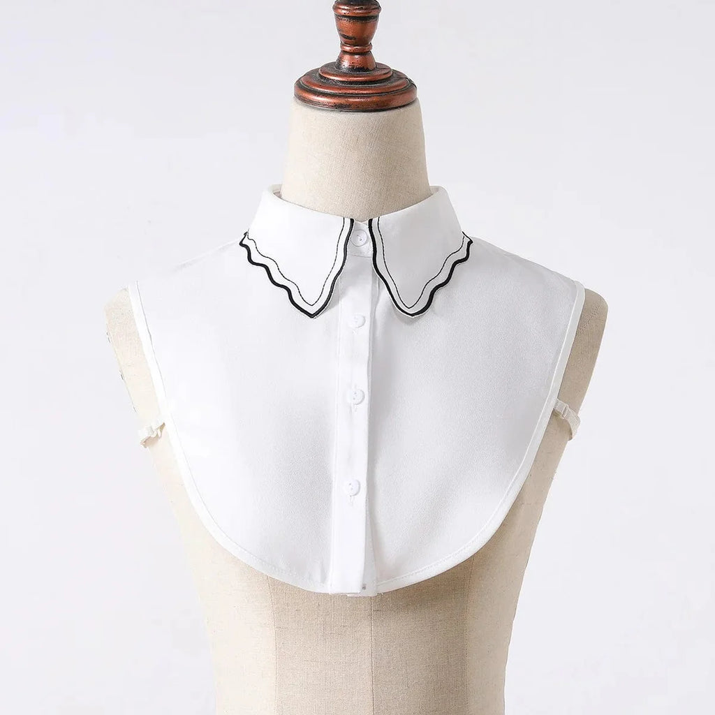 Showlu Fashion women's embroidered chiffon fake collar with black edge, wave embroidery, styled with a sweater or shirt for versatile fashion.