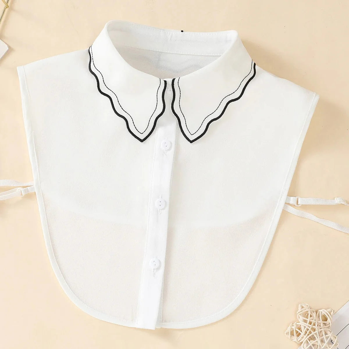 Showlu Fashion women's embroidered chiffon fake collar with black edge, featuring wave embroidery, worn over sweater or shirt for versatile style.