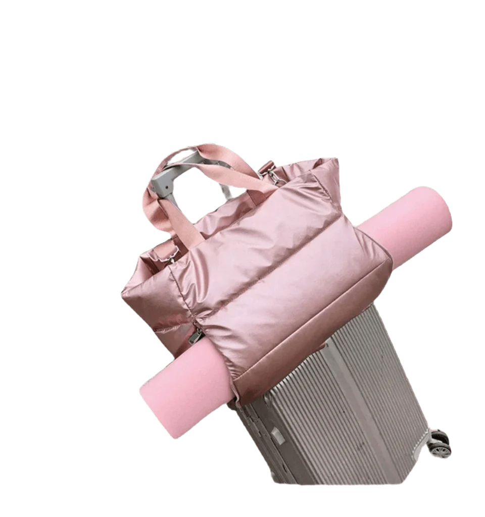 Showlu Women's Oxford Yoga Gym Bag with large capacity, stylish travel satchel, on a woman's shoulder, ideal for gym and travel.