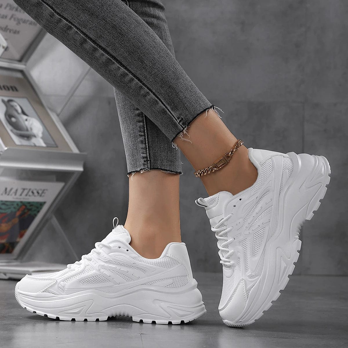 Women's chunky mesh walking shoes by SHOWLU FASHION STORE with breathable leather and comfortable solid-color trainers for everyday wear