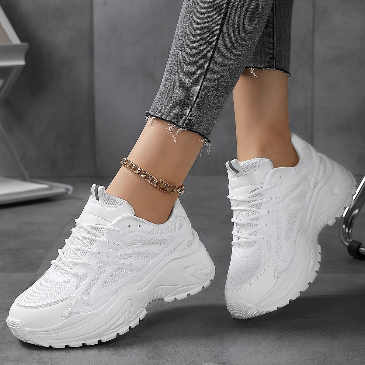 Women's chunky mesh walking shoes by SHOWLU FASHION STORE, breathable leather trainers with solid color design for everyday comfort.