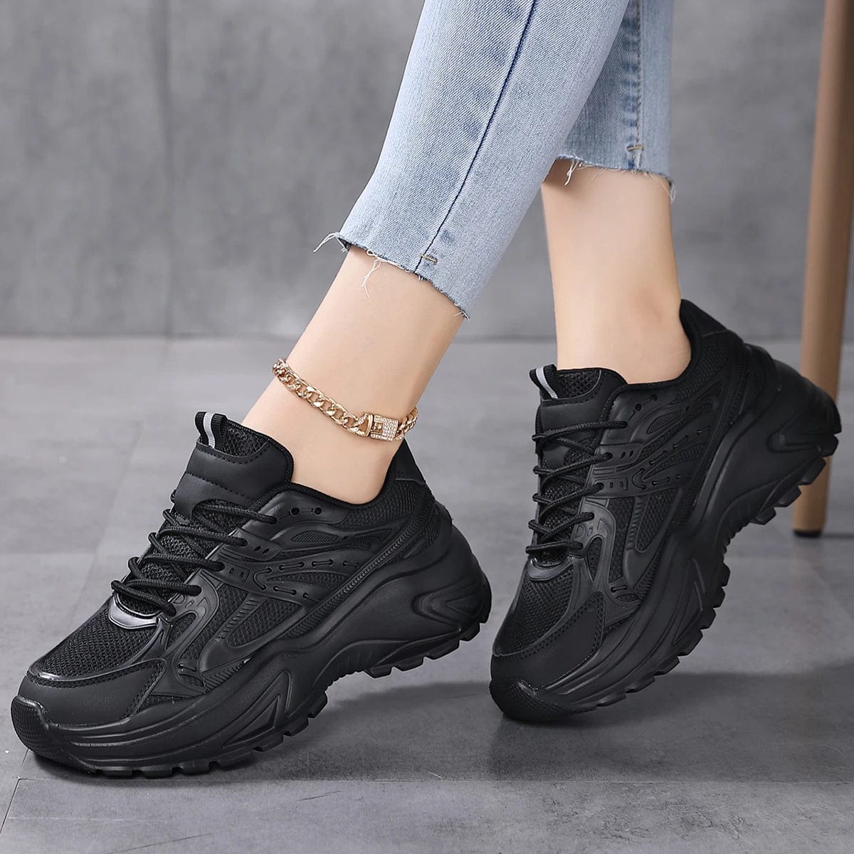 Women's breathable leather chunky mesh walking shoes by SHOWLU FASHION STORE, featuring a comfortable sneaker design for everyday wear.