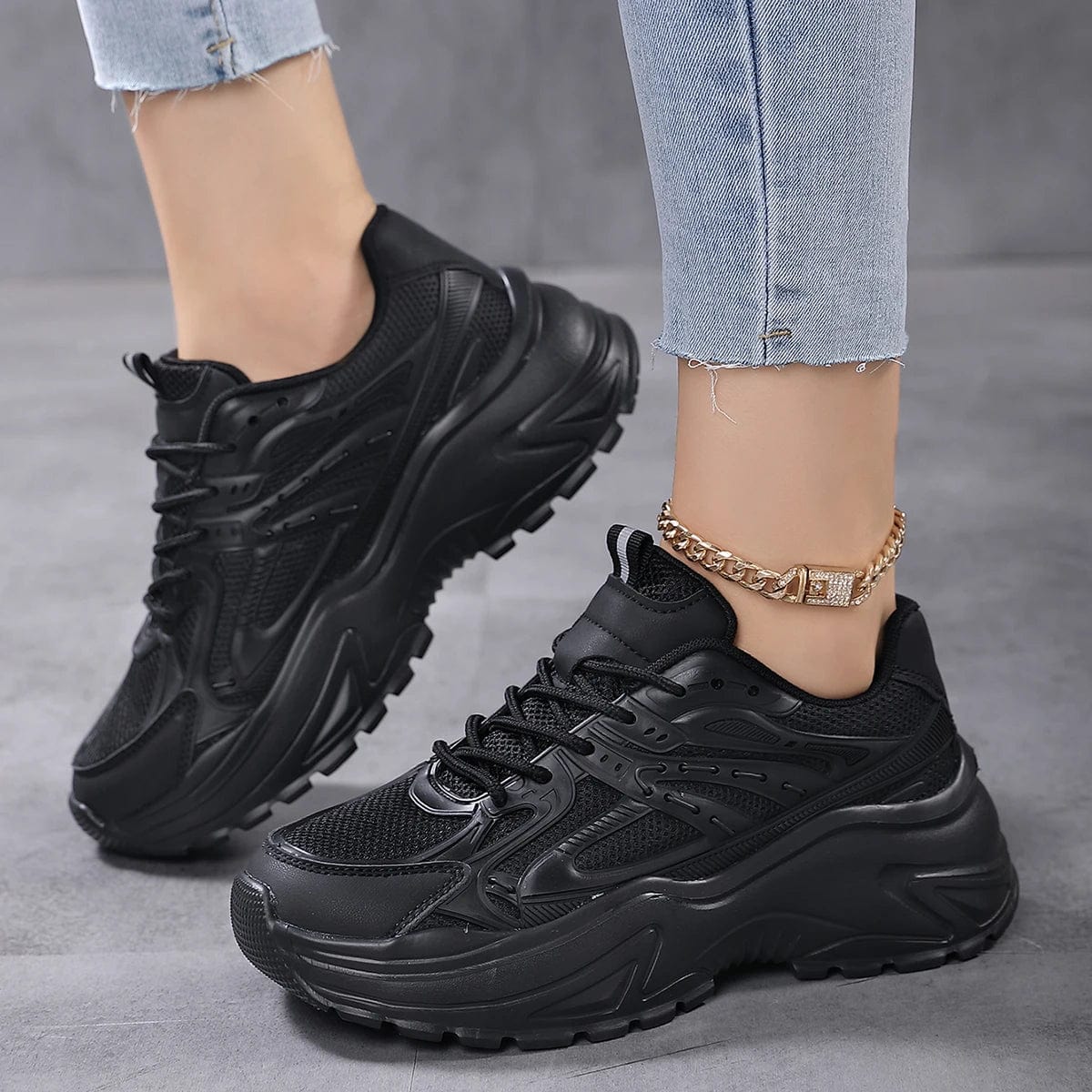 Women's chunky mesh walking shoes by SHOWLU FASHION STORE, breathable leather trainers with a solid color design for everyday comfort.