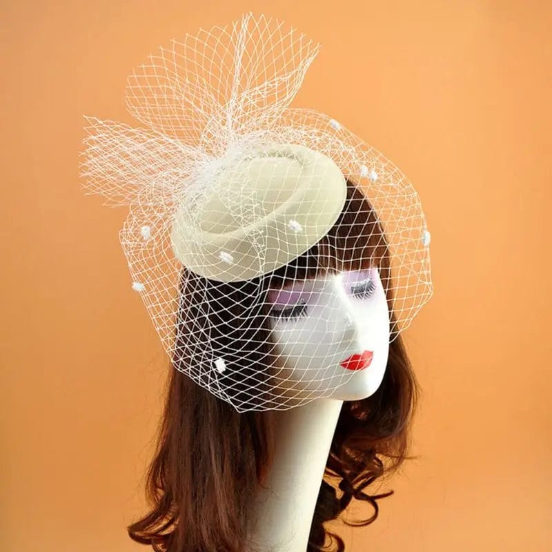 Showlu Fashion women's felt fascinator hat with fishnet veil, plush wave decoration, and hair clips for wedding or bridal headwear.