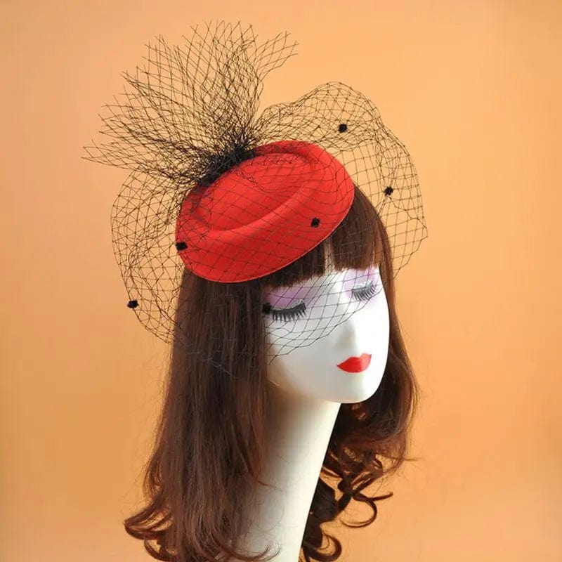 Showlu Fashion women's felt fascinator hat with fishnet veil, plush wave details, hair clip, perfect for wedding or cocktail attire.
