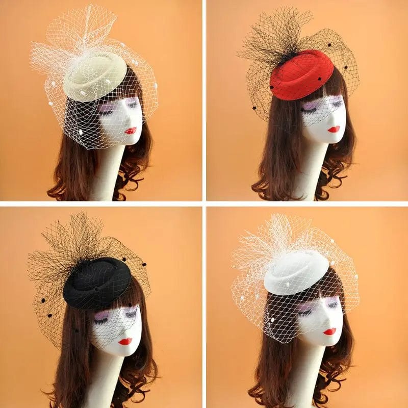 Showlu Fashion women's felt fascinator hat with mesh fishnet veil, plush wave details, and hair clips for wedding or bridal headwear.
