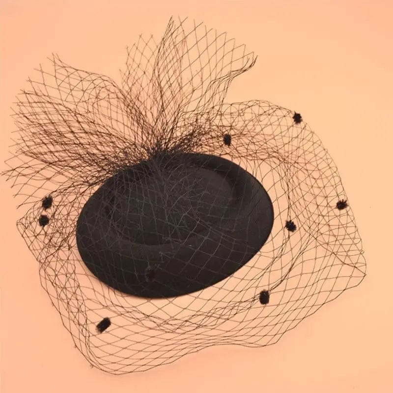 Showlu Fashion women's felt fascinator hat with mesh fishnet veil, plush wave decor, and hair clip, ideal for weddings and special occasions.