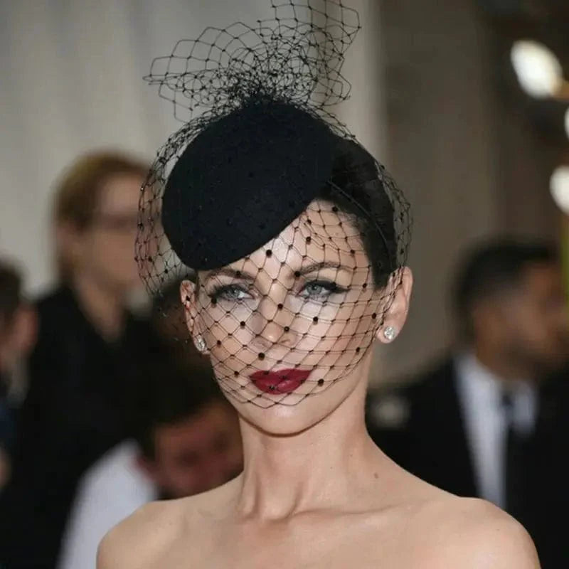 Showlu Fashion women's felt fascinator hat with fishnet veil, plush wave decor, and hair clips for wedding or bridal headwear.
