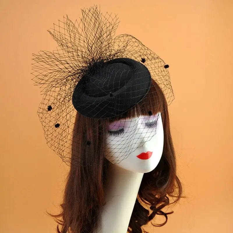 Showlu Fashion women's felt fascinator hat with fishnet veil, plush wave decor, and hair clips for wedding or bridal headwear.