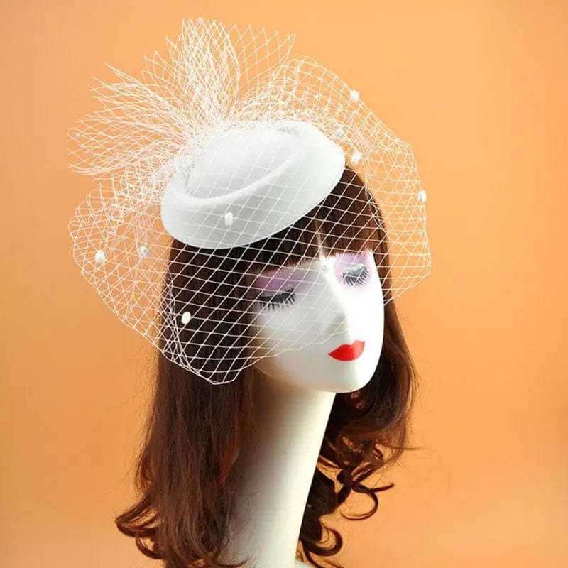 Showlu Fashion women's felt fascinator hat with mesh fishnet veil, plush wave details, and hair clips for weddings and special occasions.