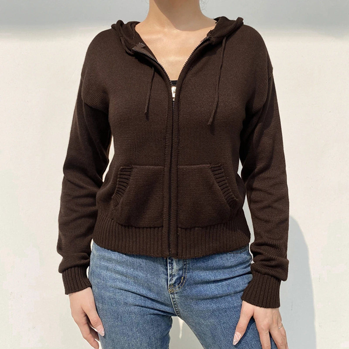 Women’s Full Zip Knit Hoodies Casual Sweaters Solid Color Long Sleeve Drawstring Sweatshirts Cardigan Zip - up Y2K Clothing - SHOWLU FASHION STORE