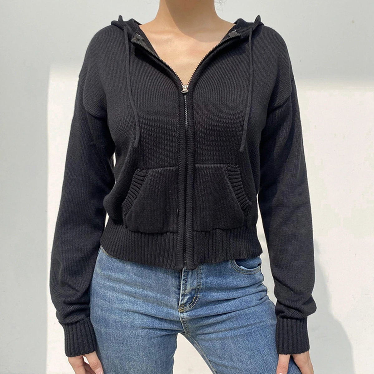 Women’s Full Zip Knit Hoodies Casual Sweaters Solid Color Long Sleeve Drawstring Sweatshirts Cardigan Zip - up Y2K Clothing - SHOWLU FASHION STORE