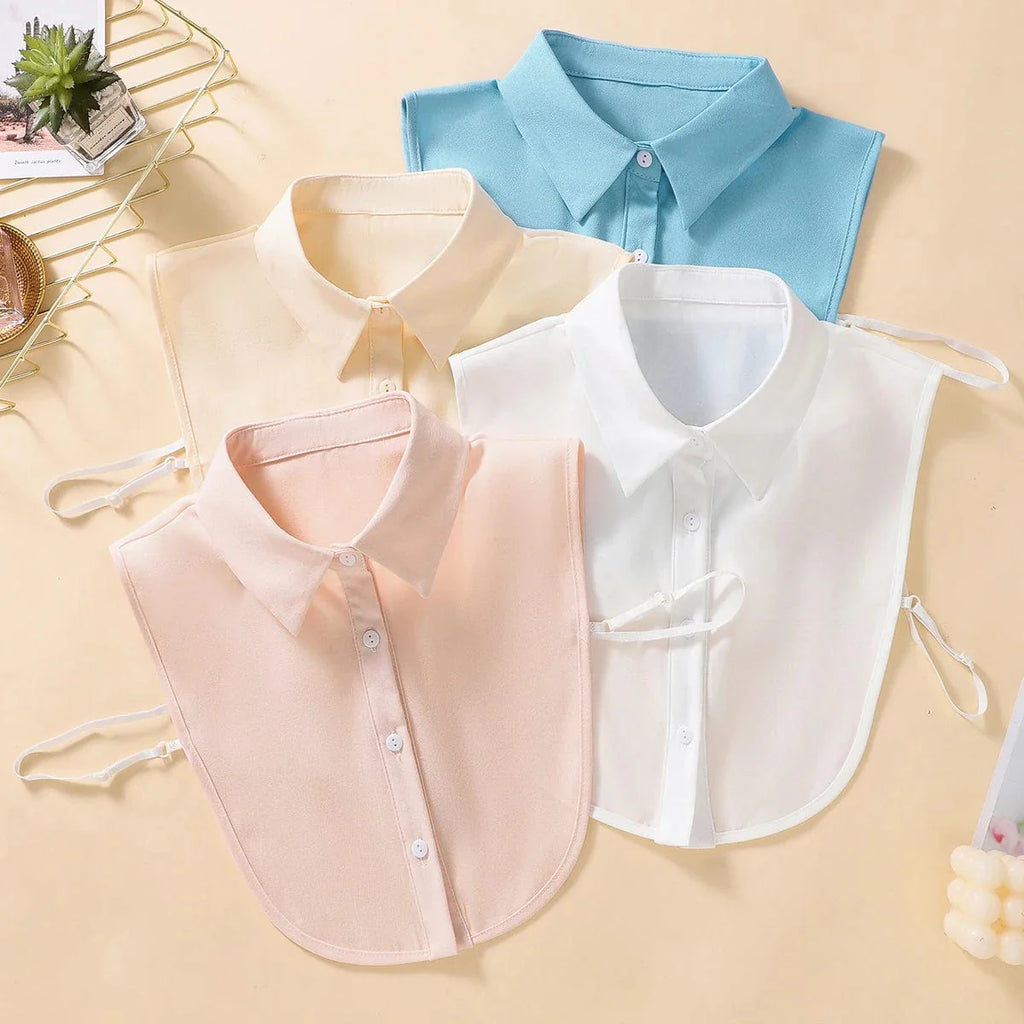 Showlu Women's Chiffon Fake Collar set with four professional casual collar pieces in white, blue, pink, and khaki.