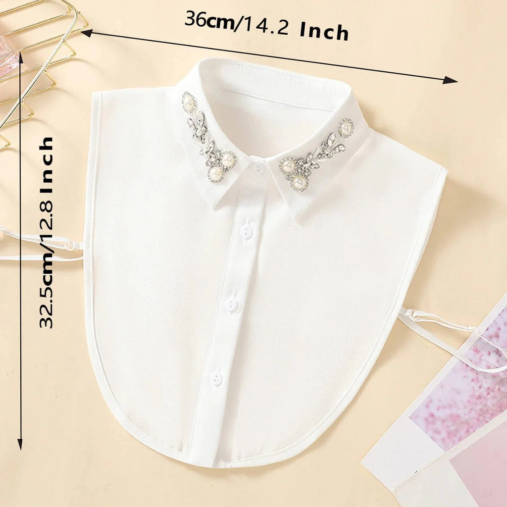 Showlu Women's chiffon fake collar with beaded pointed neck, versatile decorative accessory for half shirts, handmade fashion detail