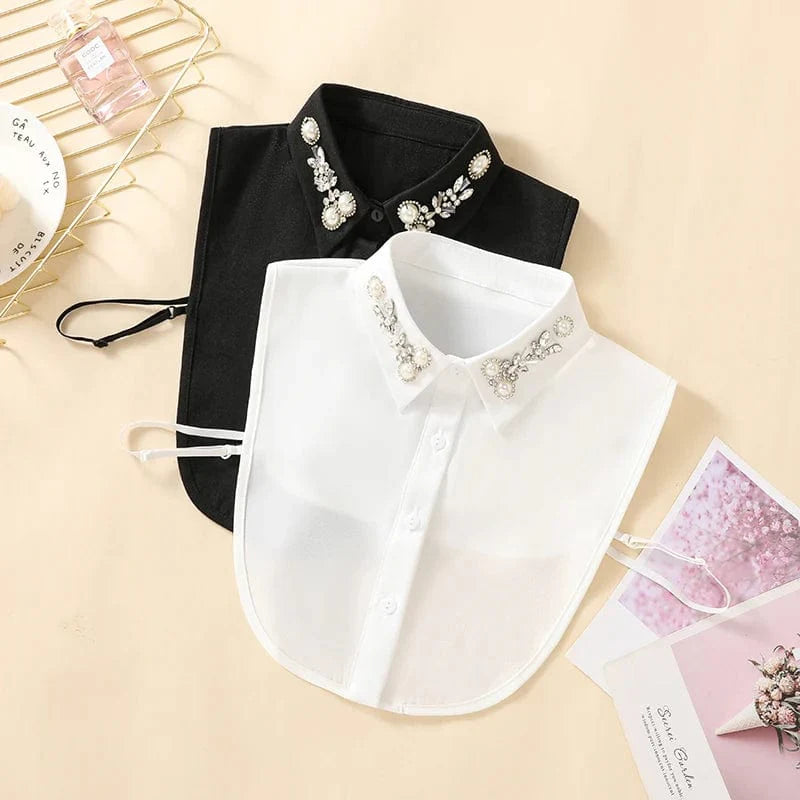 Showlu Women's chiffon fake collar with beaded pointed neck, handmade half-shirt accessory, versatile stylish decoration.