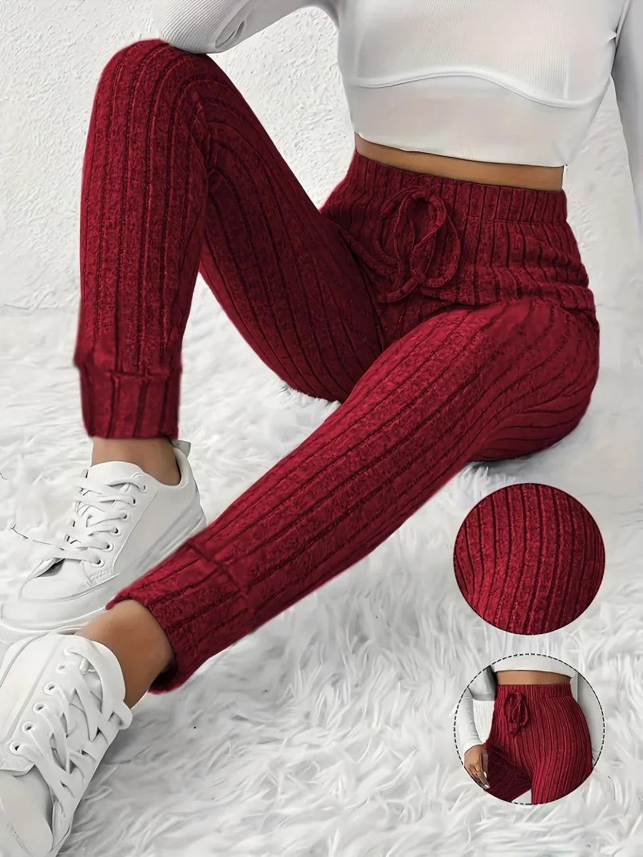 Showlu Women's knitted slim-fit pencil pants with tapered legs, straight-leg design, and comfortable waistband for a stylish look.