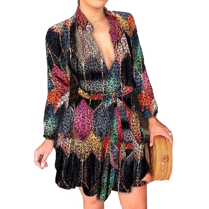 Women's floral print V-neck long sleeve A-line mini dress by Showlu Fashion with lace-up detail and sexy pattern.