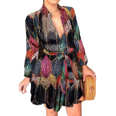 Women's Long Sleeve V - neck Lace up Sexy Print Dress - SHOWLU FASHION STORE