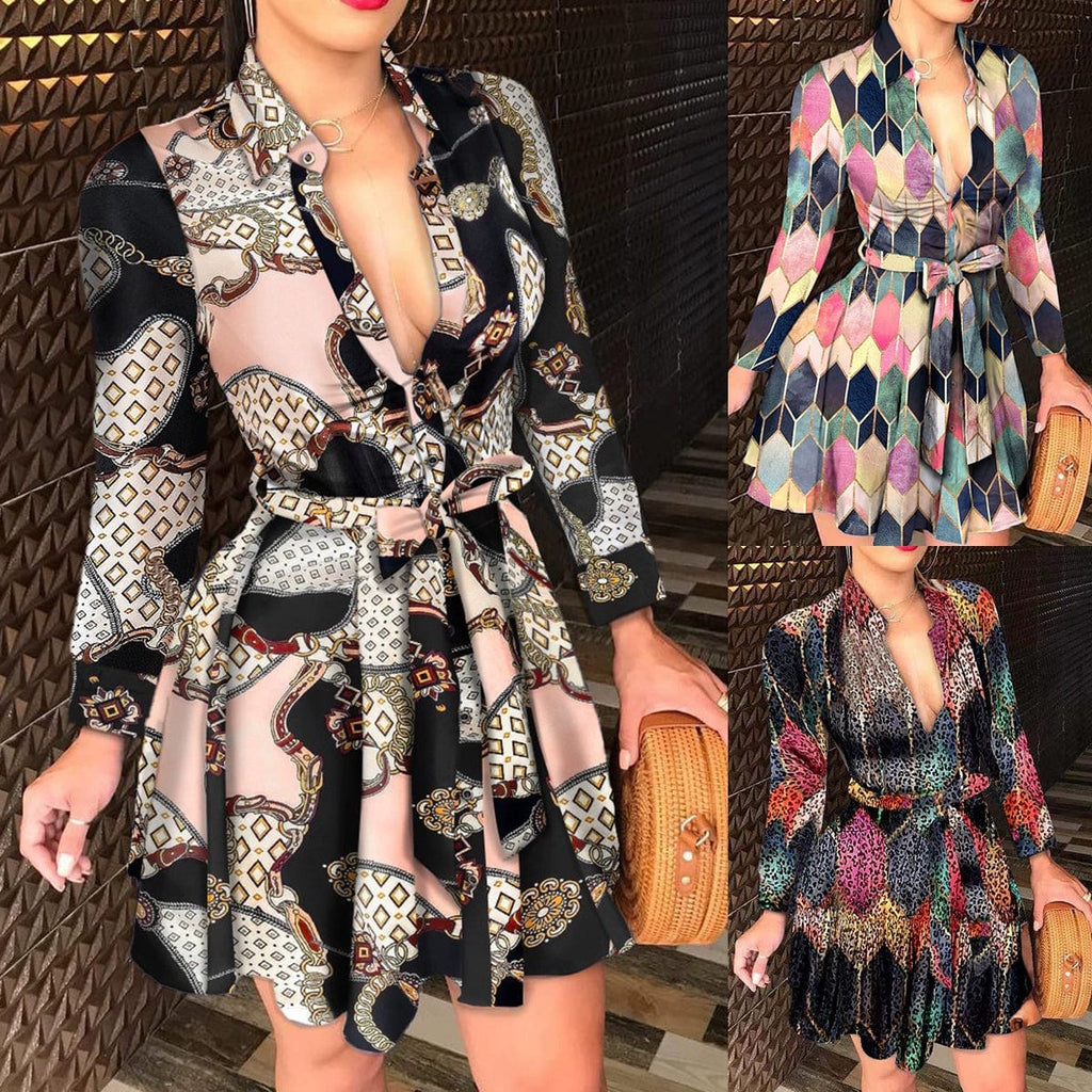 Showlu Fashion women's floral print V-neck long sleeve A-line mini dress with lace-up detail, perfect for stylish casual wear.