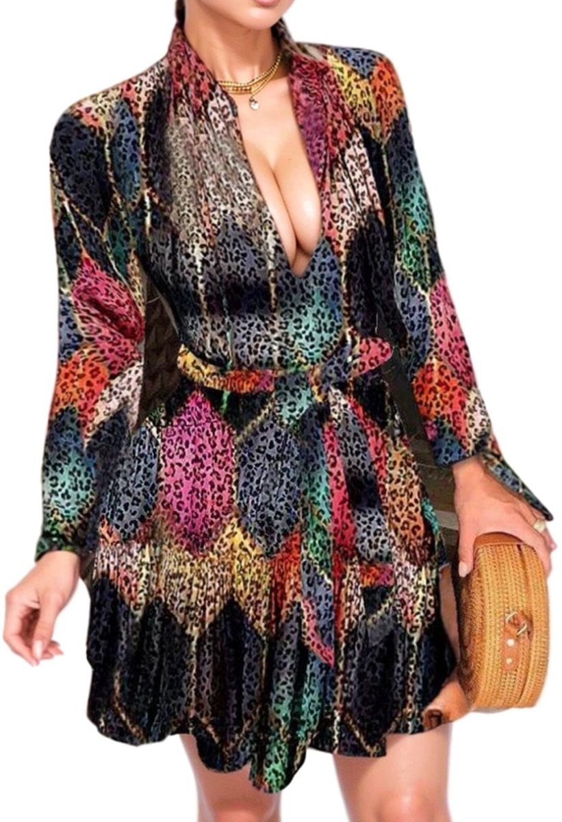 Showlu Fashion women's floral print V-neck long sleeve A-line mini dress with lace-up detail and sexy style.