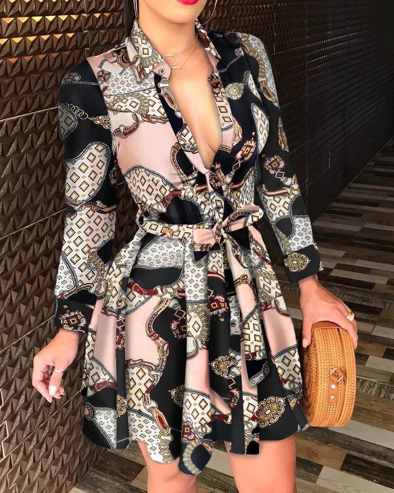 Showlu Fashion women's floral print V-neck long sleeve A-line mini dress with lace-up detail and elegant design.