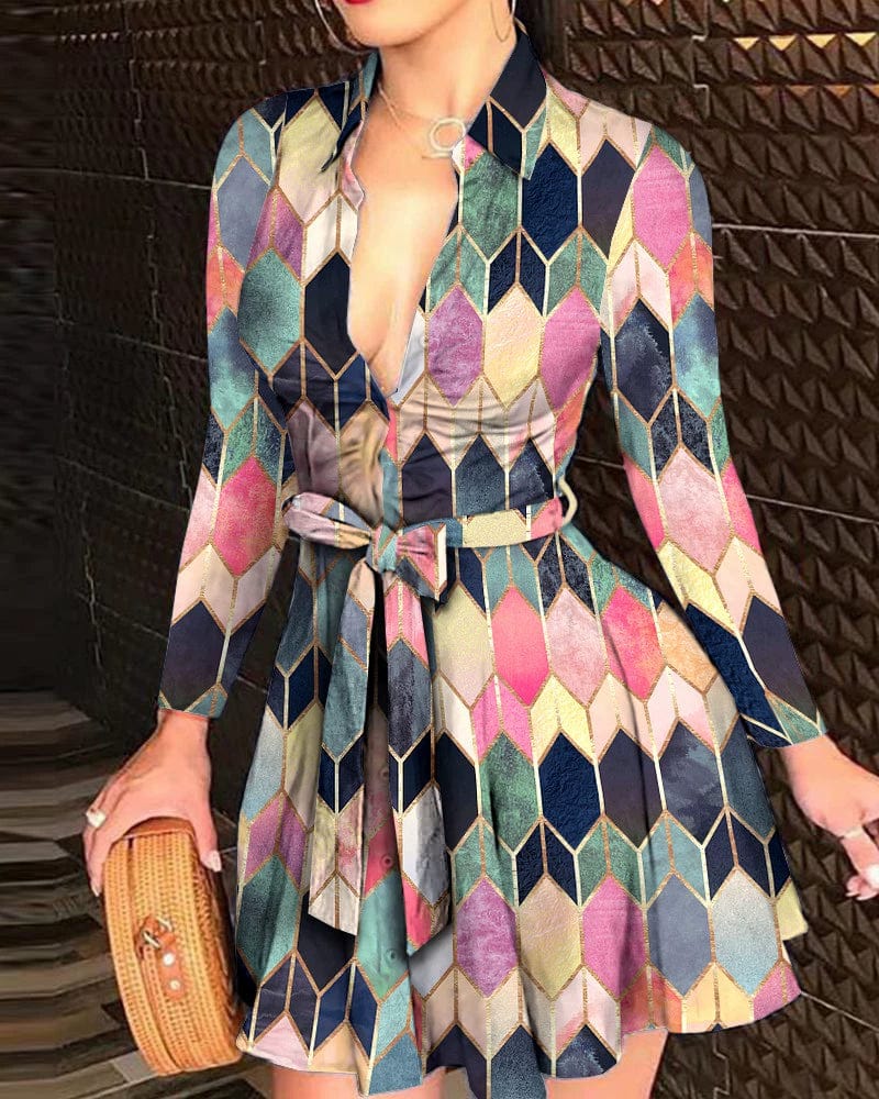 Showlu Fashion women's floral print V-neck long sleeve A-line mini dress with lace-up detail and sexy print design.
