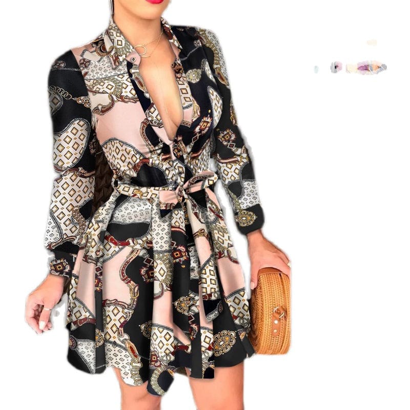 Showlu Fashion women's floral print V-neck long sleeve A-line mini dress with lace-up detail and sexy style.
