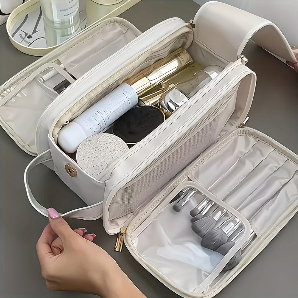 Large Showlu Fashion trifold PU leather cosmetic bag with water-resistant exterior, suitable for travel makeup and toiletries storage.