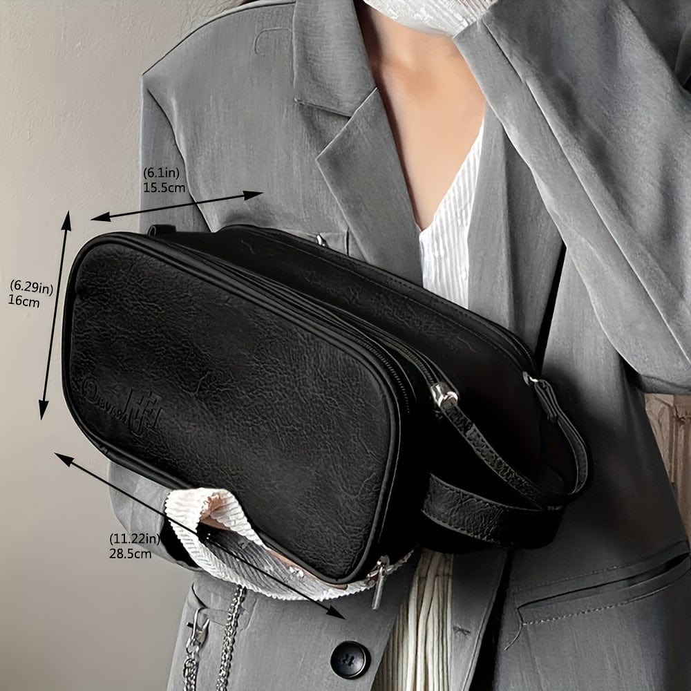 Large Showlu Fashion Store trifold PU leather cosmetic bag with water-resistant design for travel makeup and toiletries storage.