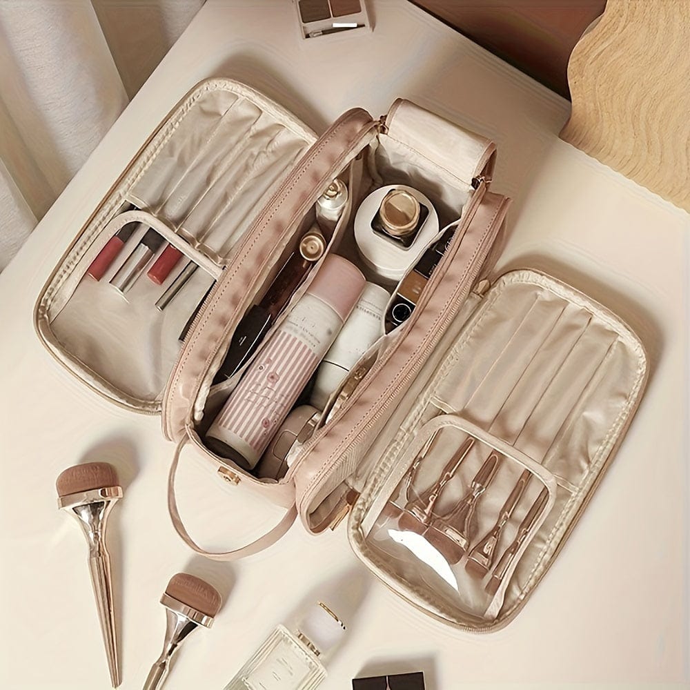 Showlu Large Trifold PU Leather Cosmetic Bag with water-resistant exterior, spacious makeup and toiletries storage for women.